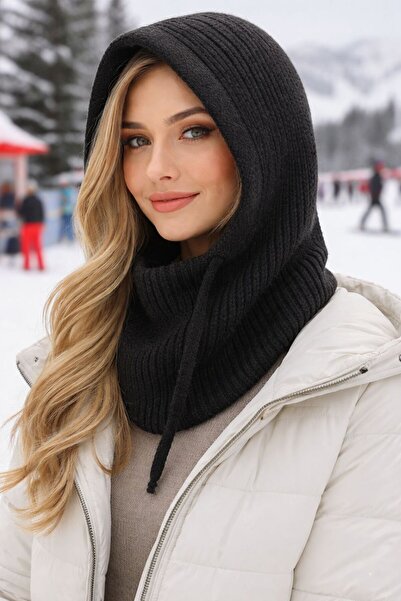 HAZAL KAYA ATELIER Black Wool Premium Balaklava Women's Beanie Hat