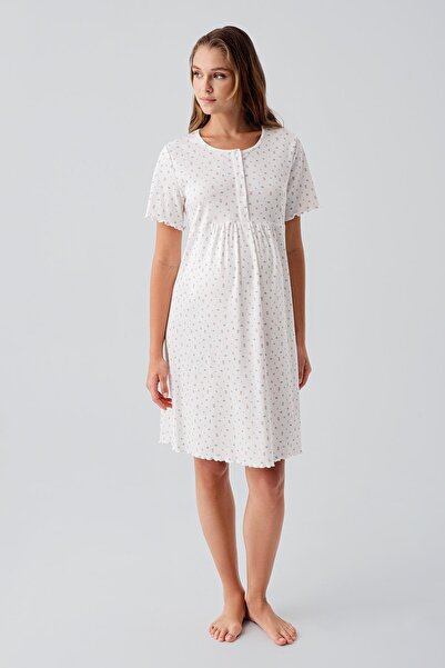 Artış Short Sleeve Buttoned Floral Patterned Stretch Cotton Maternity Nightgown