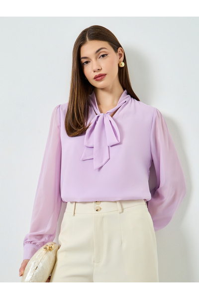 Styli Purple Tie-Neck Long Sleeve Blouse