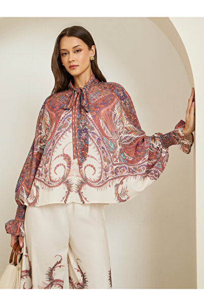 Styli Women Paisley Print Tie-Neck Cape Blouse