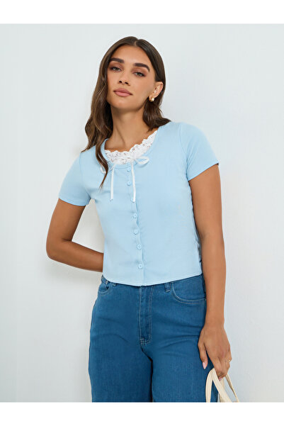 Styli Women Blue Knit Top with Lace Trim
