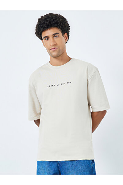 Styli Men Beige Oversized T-Shirt with Minimal Print