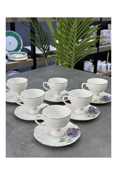 Doğudeko Luxury Porcelain White Detailed Cup Set Purple
