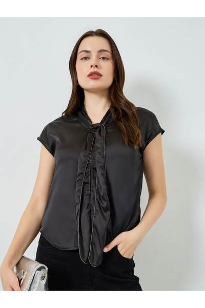 Styli Black Satin Blouse with Tie Neck