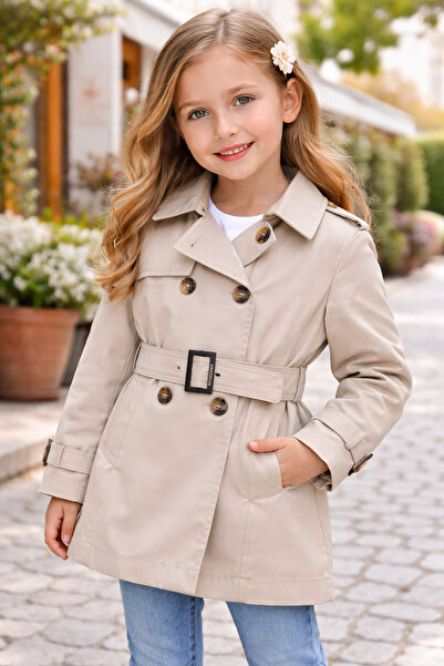 STYLENEST Kız Çocuk Taş Renk Trençkot Kemerli Çift Düğmeli Baharlık Mont