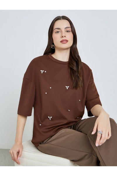 Styli Women Brown Embellished Oversized T-Shirt