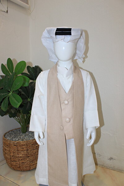 Abaya-AB A luxurious children's set consisting of a white linen thobe with a ...
