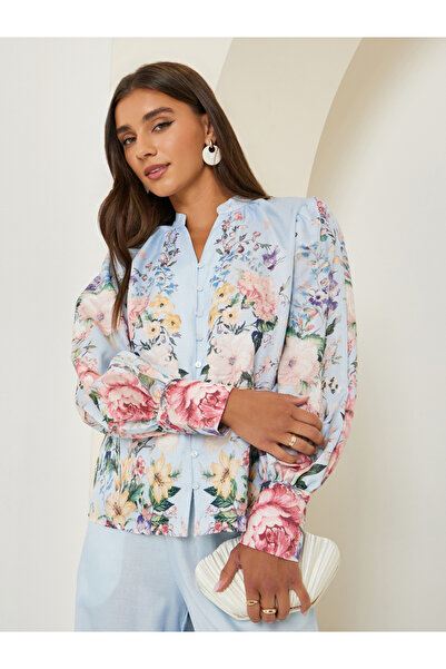 Styli Blue Floral Print Long Sleeve Blouse