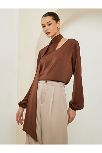 Styli Women Brown Asymmetric Neck Blouse