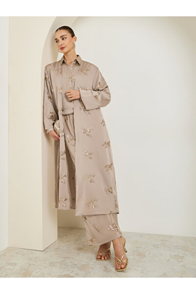 Styli Beige Sequin Satin Kimono
