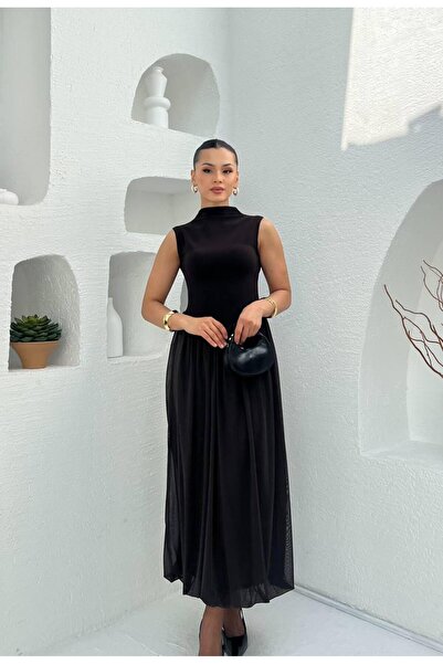Moda Palmiss Kadın Acı Kahve Yarım Balıkçı Yaka Kolsuz Eteği Şifon Elbise – Bel Oturtmalı Şık Davet Elbisesi
