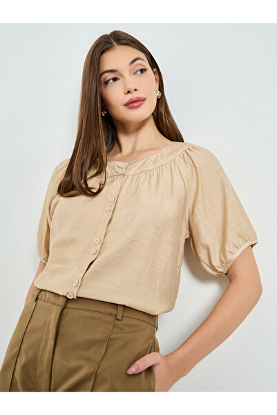 Styli Beige Puff Sleeve Button-Down Blouse