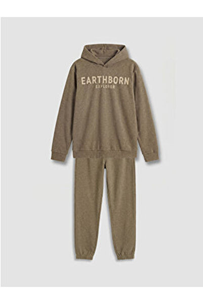 LC Waikiki Beige hooded printed boys' tracksuit set