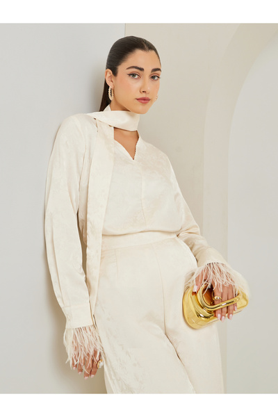 Styli White Floral Jacquard Blouse with Scarf Detail