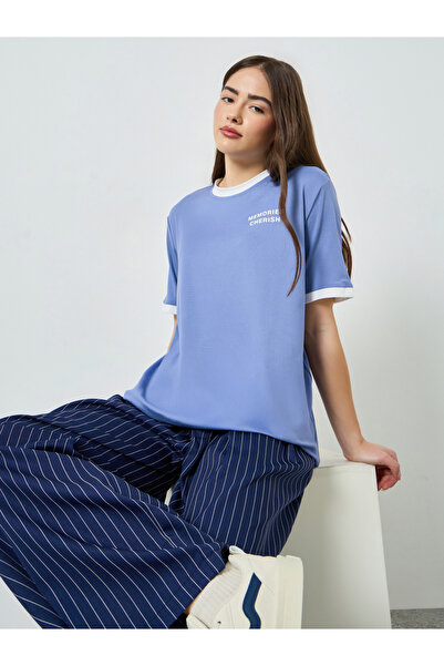Styli Blue Longline Contrast Trim T-Shirt