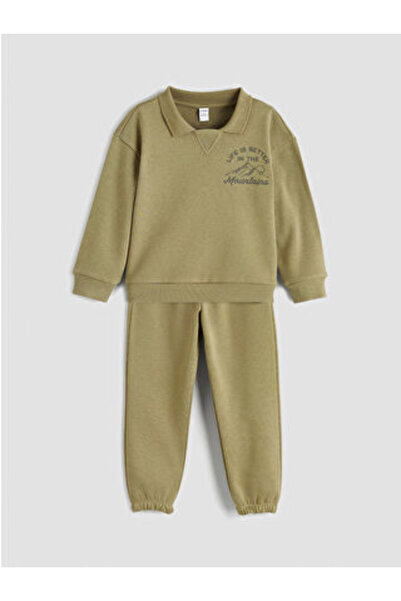 LC Waikiki Khaki Polo Collar Printed Boys' Thick Tracksuit Set