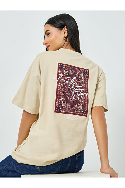 Styli Beige Oversized Graphic Print Cotton T-Shirt