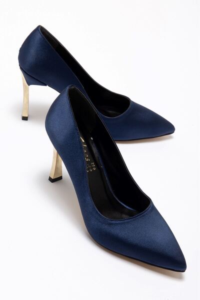 Hayalimdeki Ayakkabı Women's Navy Blue Satin Gold Heel Pointed Toe Thin Heel ...