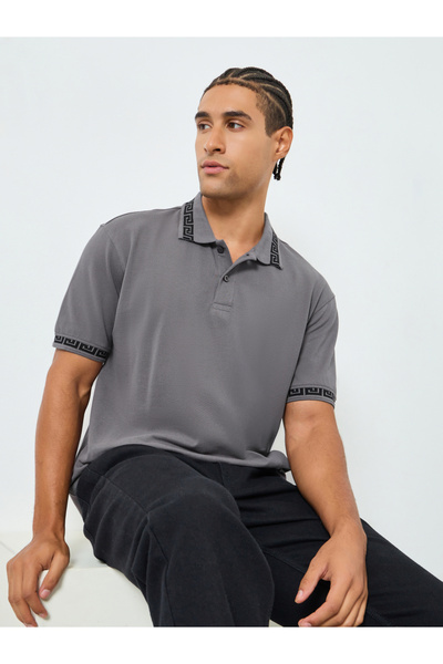 Styli Men Grey Jacquard Collar Relaxed Fit Polo