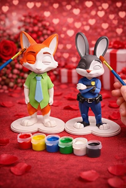 PRİNTELLA Zootopie Tilki ve Tavşan Boyama Seti – 6 Renk Boya + 2 Fırça – Çift...