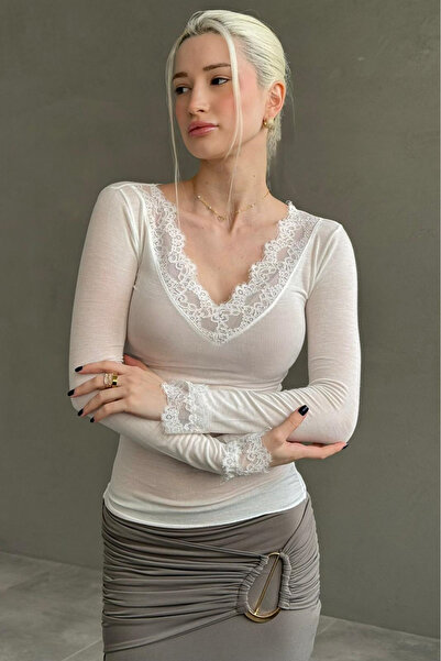 Madmext White V-Neck Lace Transparent Women's Blouse Mg2662