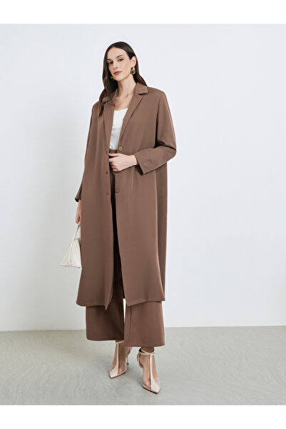 Styli Brown Notch Label Buttoned Blazer Kimono