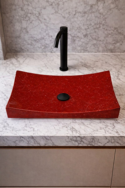 Taş Atölyesi Mermer Desenli Tezgah Üstü Kayık Model Taş Lavabo 35 x 60 cm