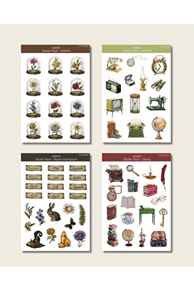 Papeit Month, Month and Nature, Vintage, Library Themed 4-Piece Sticker Sheet...