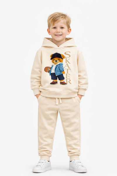 ues Set de trening pentru băieți cu imprimeu ursuleț crem