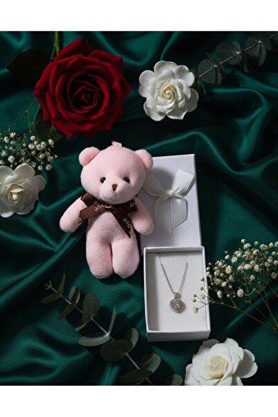 Nesel Atelier Steel Pink Heart Necklace and Plush Teddy Bear Gift Set