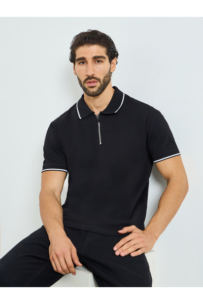 Styli Men Black Zip Up Relaxed Fit Polo