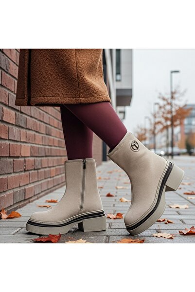 Modlet.ro Women's beige leather suede ankle boots with zipper MOD14040