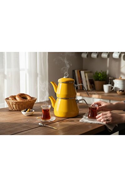 Emaye Köklü Züccaciye Hardal Çaydanlık Takımı