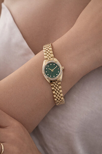 by evrenmusti ALTIN KAPLAMA YEŞİL KADRANLI TAŞLI TASARIM SAAT