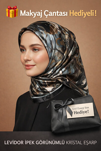 Levidor 90X90 Silk-Look Black - Gray - Brown Crystal Scarf – Non-Slip Twill S...