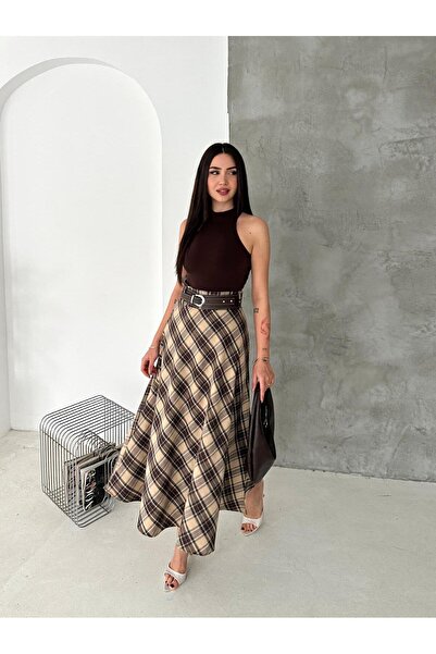 Elaxi Women's Long Flared Plaid Skirt with Belt – Modern Take on Timeless Ele...