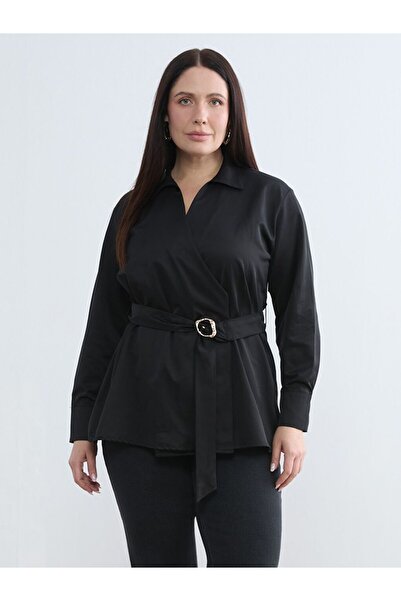 LC Waikiki Plus Size Belted Soft Textured Poplin Blouse