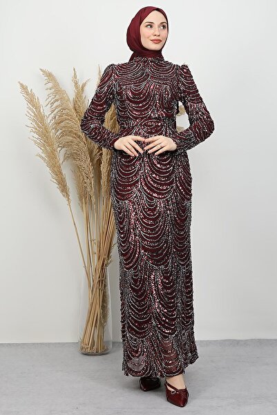 GİYZAMİLA Camellia Embroidered Evening Dress Burgundy