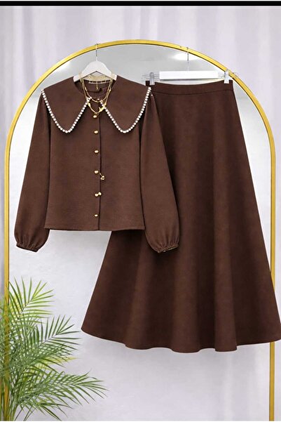 MODA VEDAT Women's Collar Scallop Detailed Shirt - Puff Scuba Skirt Set -0490