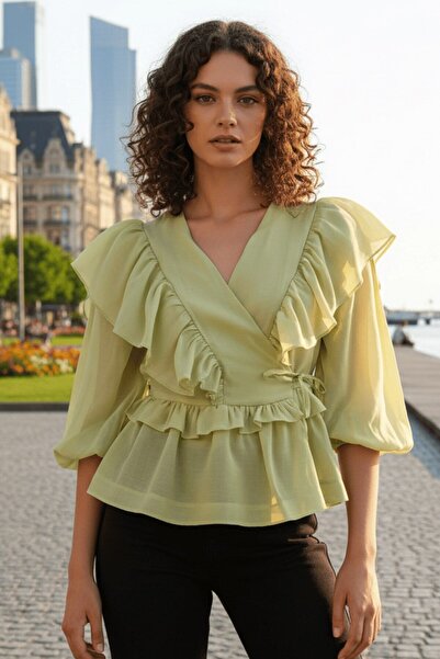 Lunarose V-Neck Double-Breasted Cut-Out Ruffle