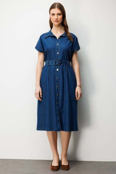 Ekol Beli Belted Polo Neck Midi Dress