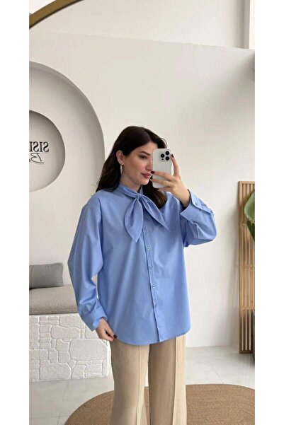 Moda Palmiss Women's Baby Blue Scarf Detailed Long Sleeve Oversize Poplin Shi...