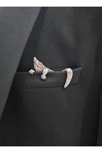 Elegante Cravatte Özel Tasarım 3 Boyutlu Gümüş Renk Timsah Figürlü Erkek Ceke...