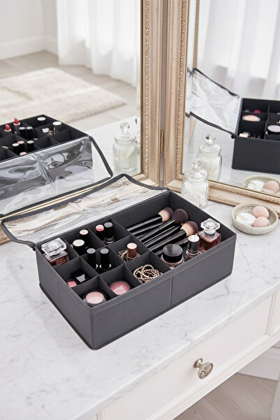 PH Prendi Home Luxury Anthracite Multi-Compartment Portable Makeup and Jewelr...