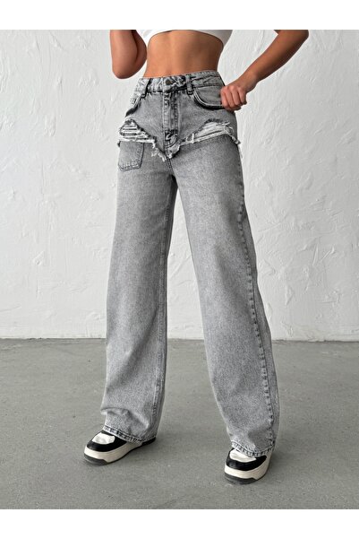 ADAMODA.RO Wide leg jeans with abrasions on the front, in the pocket area