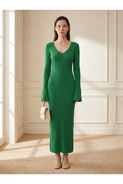 Fashionbox Women's V-Neck Knitwear Dress with Ankle Slit Detail 26926