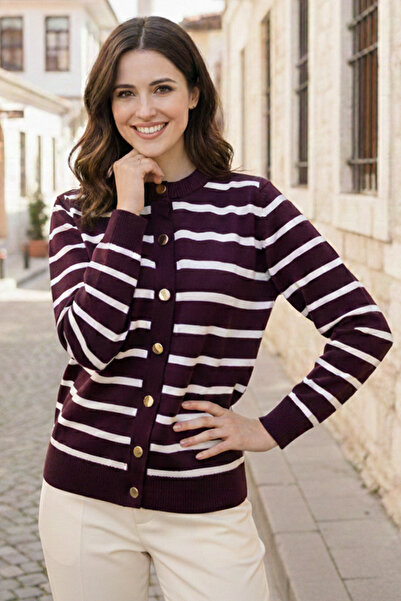 benguen Striped Hijab Cardigan N3294 Plum