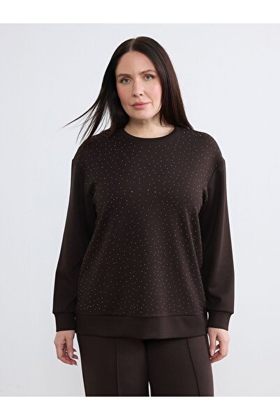LC Waikiki Plus Size Crew Neck Rhinestone Women's Sweatshirt