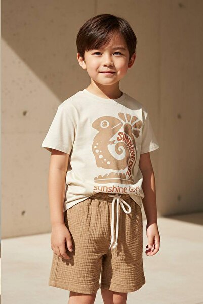 Monila طقم تي شيرت قطني مطبوع عليه سينامون إيجوانا وشورت من قماش الموسلين للأ...