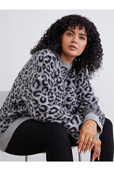 LC Waikiki Plus Size Leopard Print Women's Knitwear Sweater